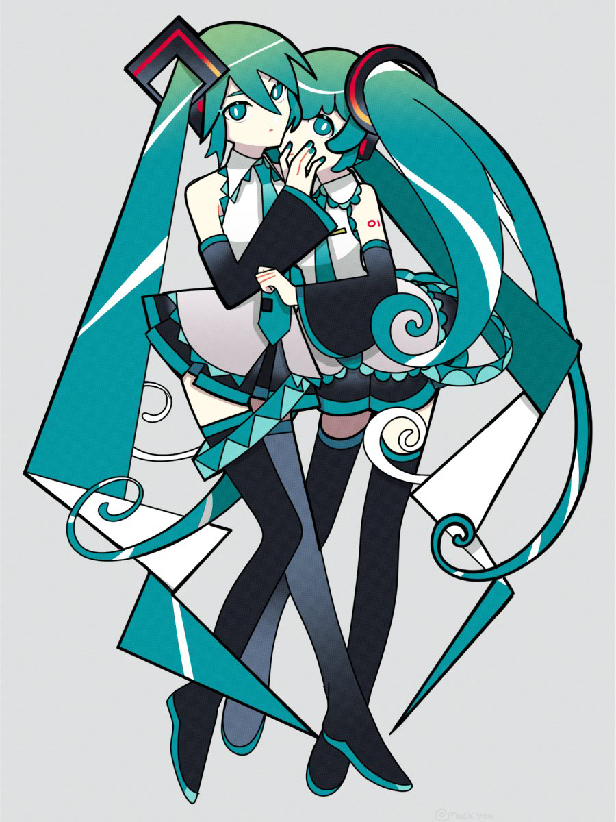 2girls, aqua_eyes, aqua_hair, aqua_nails, aqua_necktie, black_footwear, black_skirt, boots