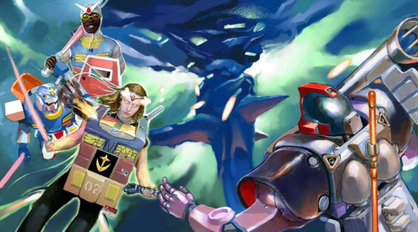 2boys, a_baoa_qu, battle, cardboard_box_gundam, dark-skinned_male, dark_skin, dom_(mobile_suit), duel