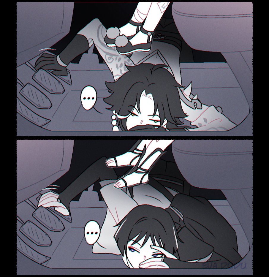 ..., 2boys, 2girls, 2koma, arm_tattoo, artist_name, car_interior, comic