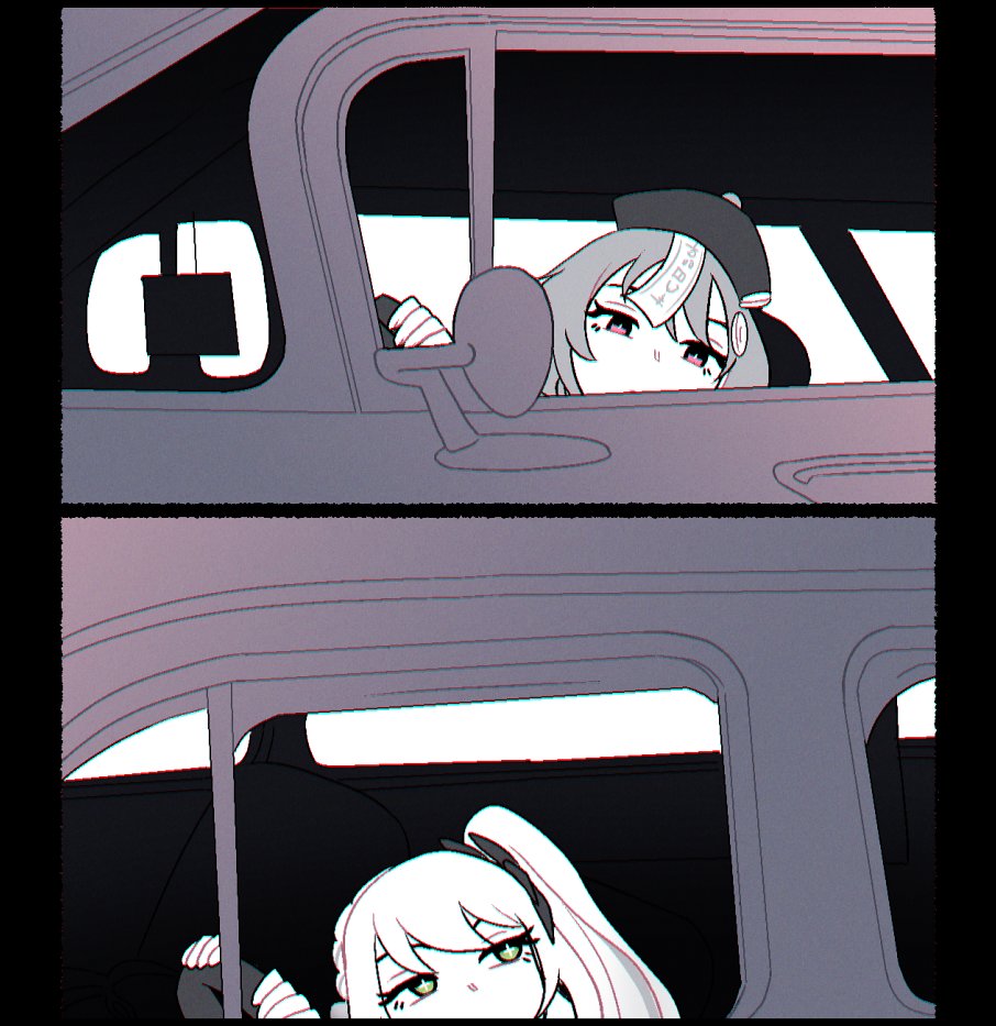 2girls, 2koma, car, comic, commentary, cross-shaped_pupils, english_commentary, eva_dudu, genshin_impact, green_eyes, hat, jiangshi, monochrome, motor_vehicle, multiple_girls, nahida_(genshin_impact), purple_eyes, qingdai_guanmao, qiqi_(genshin_impact), side_ponytail, spot_color, steering_wheel, symbol-shaped_pupils