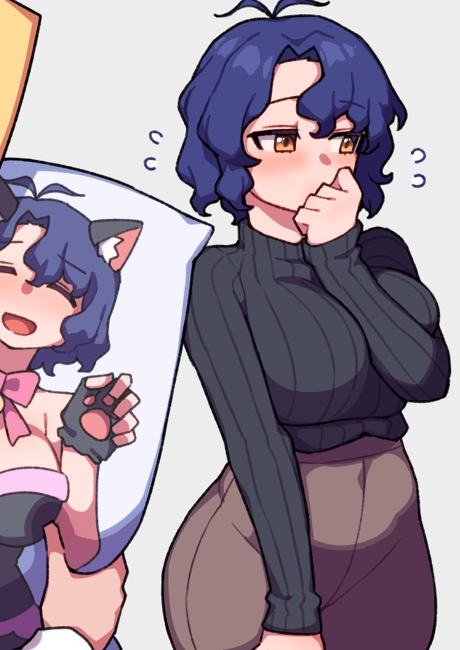 1girl, 1other, animal_ear_fluff, animal_ears, animal_hands, antenna_hair, black_sweater, blue_hair, blush, bow, bowtie, breast_press, breasts, brown_skirt, cat_ears, clenched_hand, closed_eyes, commentary, dakimakura_(object), flying_sweatdrops, gloves, hand_up, holding, holding_pillow, idolmaster, idolmaster_million_live!, idolmaster_million_live!_theater_days, kwaejina, large_breasts, long_sleeves, looking_to_the_side, nervous, nyannyan_cat's_eye_(idolmaster), open_mouth, out_of_frame, p-head_producer, paw_gloves, pencil_skirt, pillow, pink_bow, pink_bowtie, producer_(idolmaster), short_hair, sidelocks, skirt, smile, sweater, toyokawa_fuka, wavy_hair, yellow_eyes