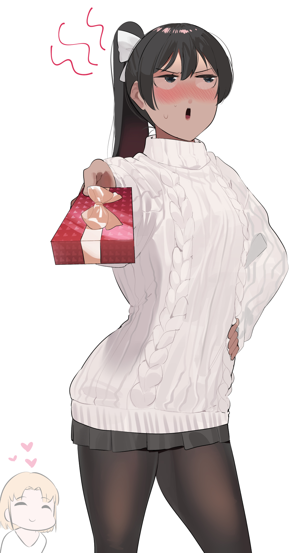 2girls, averting_eyes, black_hair, black_pantyhose, blonde_girl_(okpriko), blonde_hair, blue_eyes, blush