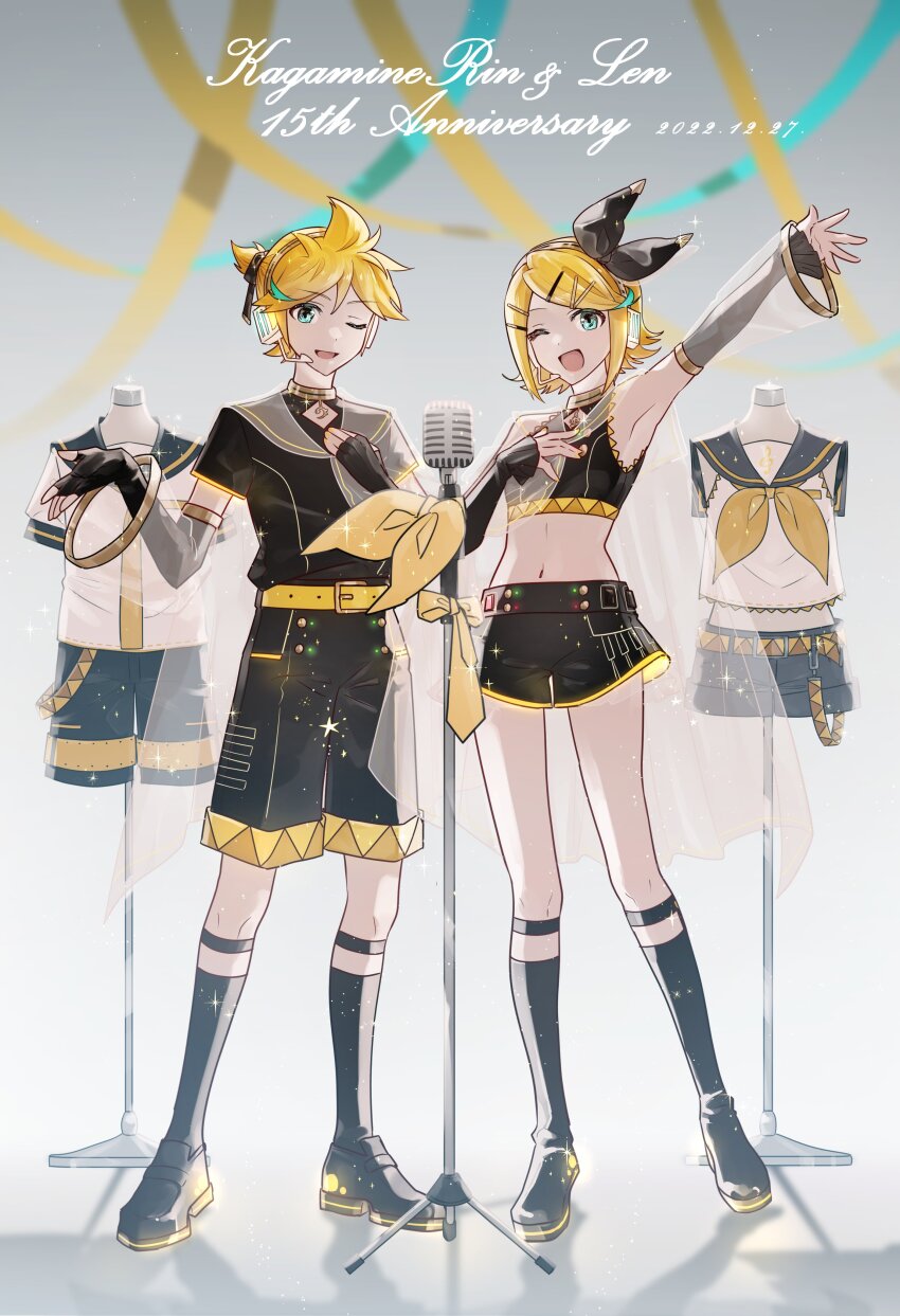 1boy, 1girl, absurdres, anniversary, arm_up, bare_shoulders, bass_clef, black_bow