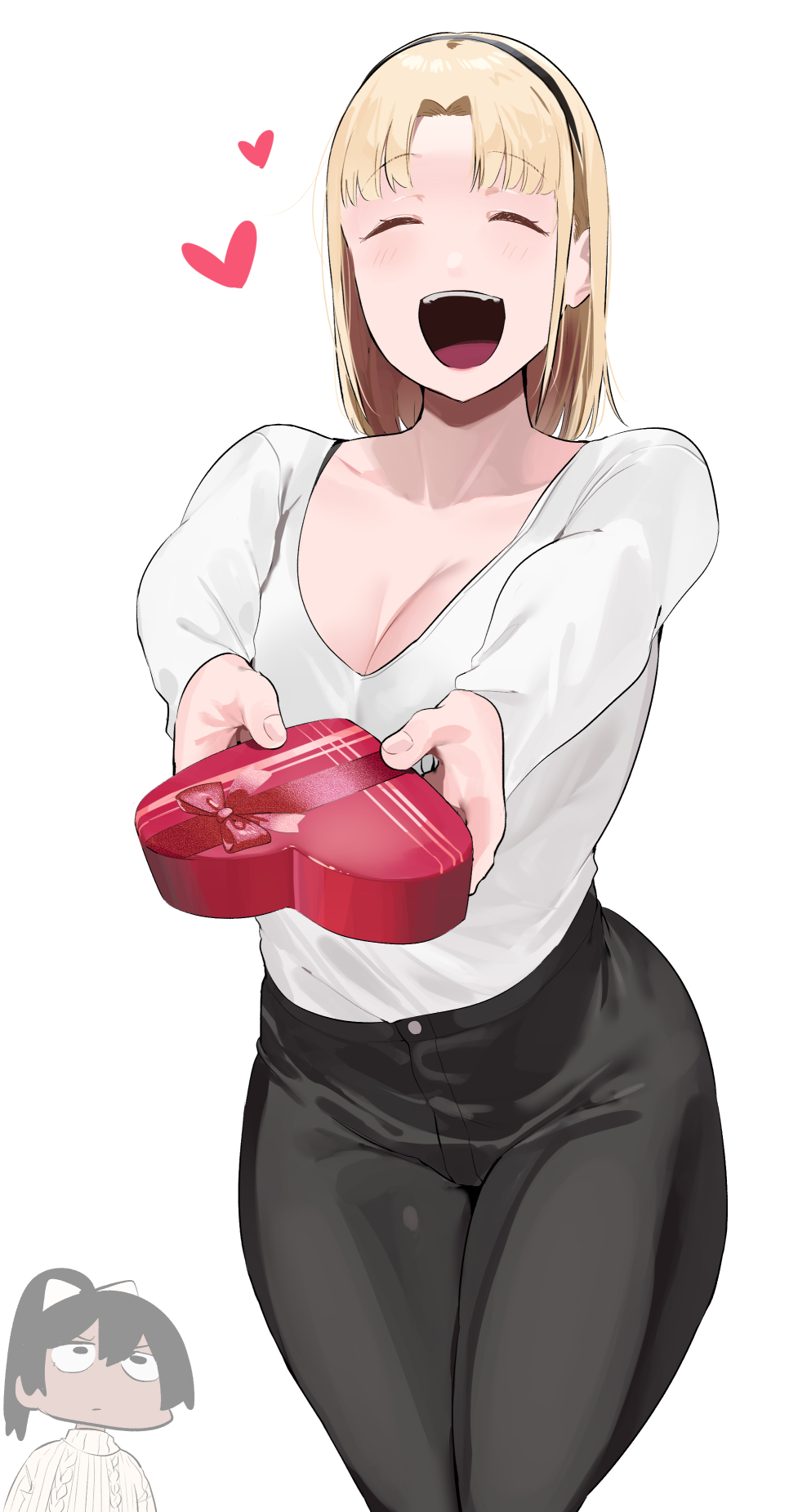 2girls, :d, black_eyes, black_hair, black_hairband, black_pants, blonde_girl_(okpriko), blonde_hair