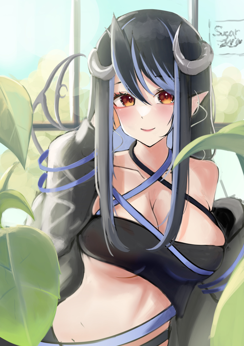 1girl, absurdres, arm_behind_head, bandeau, belt, black_bandeau, black_belt, black_hair, black_jacket, blue_belt, blue_hair, blush, breasts, brown_eyes, chest_belt, cleavage, closed_mouth, collarbone, commentary_request, curled_horns, demon_girl, demon_horns, demon_tail, grey_horns, hair_between_eyes, hebiyoi_tier, hebiyoi_tier_(1st_costume), highres, higimixy, horns, jacket, large_breasts, long_hair, long_sleeves, multicolored_hair, nanashi_inc., off_shoulder, open_clothes, open_jacket, pointy_ears, sidelocks, smile, snake_bite, solo, tail, two-tone_hair, underboob, upper_body, virtual_youtuber