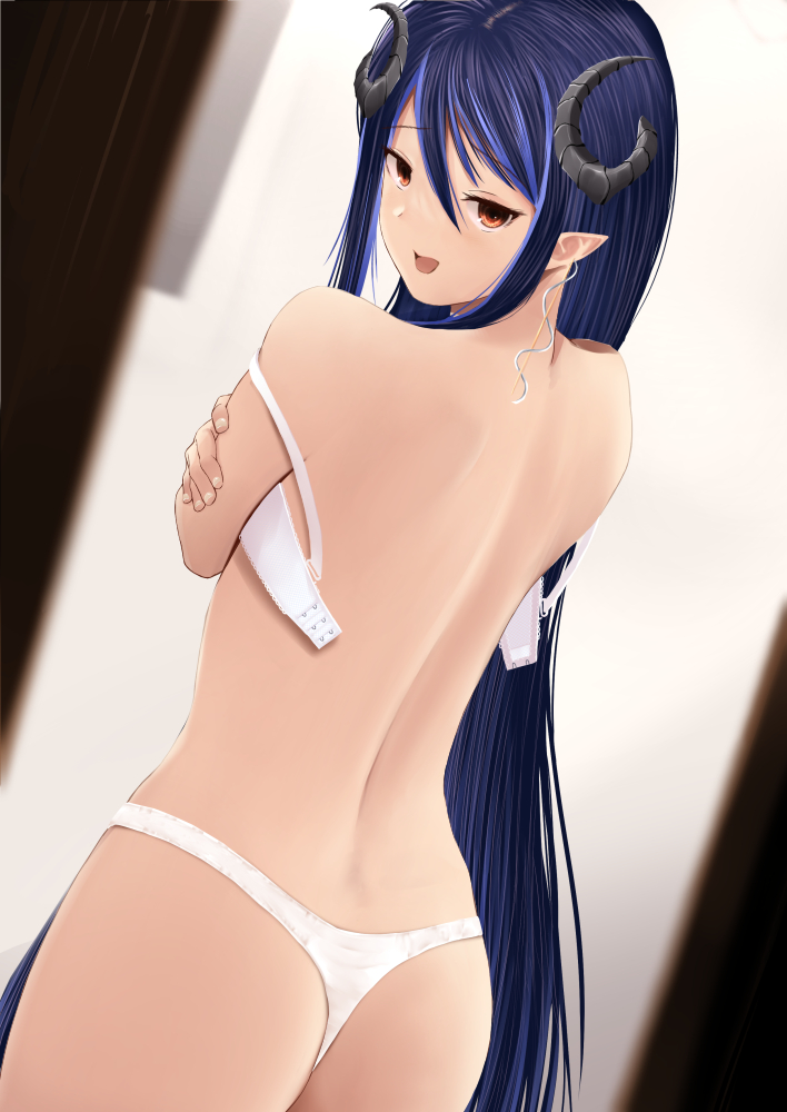 1girl, ass, back, blue_hair, bra, brown_eyes, commentary_request, cowboy_shot