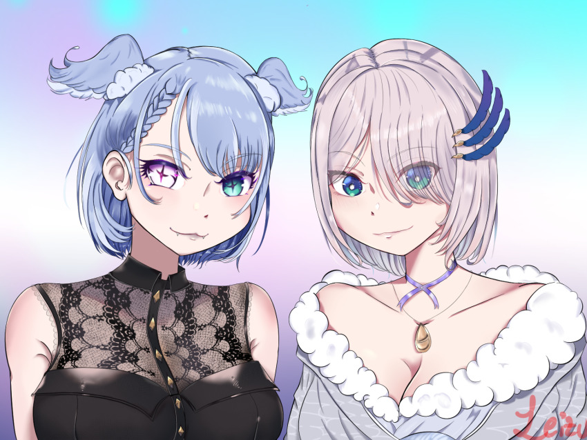 2girls, blue_eyes, blue_hair, blue_wings, breasts, cleavage, cosplay, costume_switch