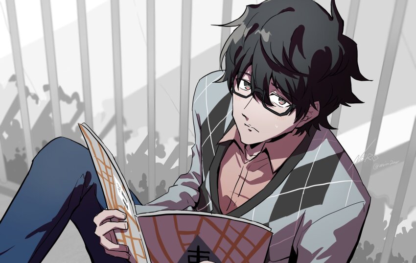 1boy, black_hair, blush, book, cardigan, collared_shirt, diamond_(shape), eme_(204)