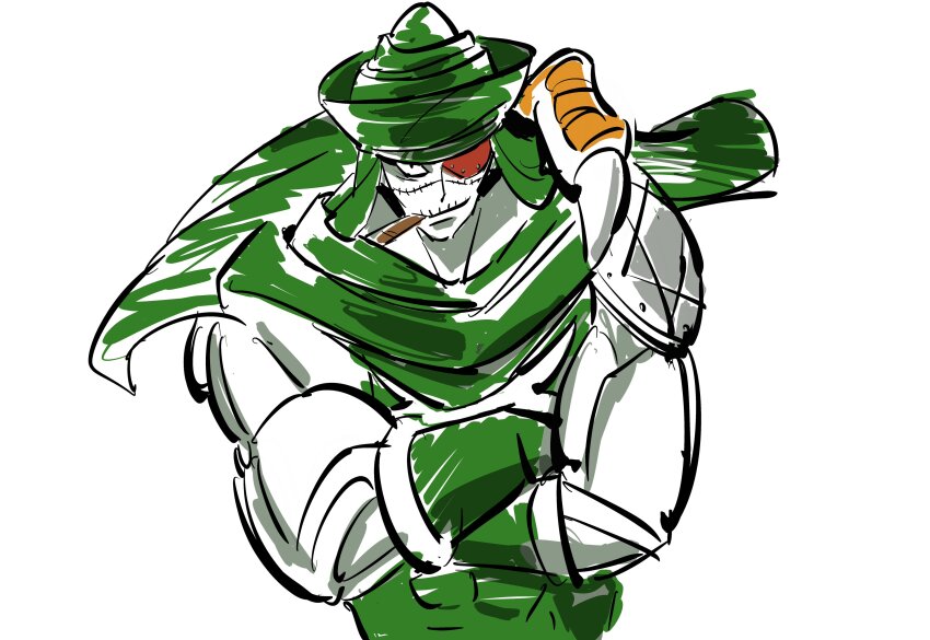 1boy, abs, absurdres, armor, bone_cold, cigarette, crossed_arms, eyepatch, highres, kinnikuman, kinnikuman_nisei, looking_at_viewer, monster_boy, muscular, smile, solo, sushio