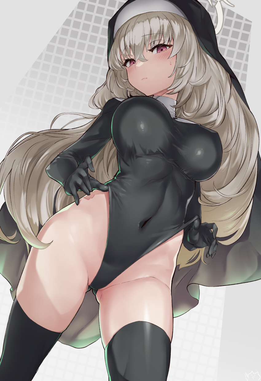 1girl, absurdres, black_leotard, black_thighhighs, blue_archive, blush, breasts, covered_navel