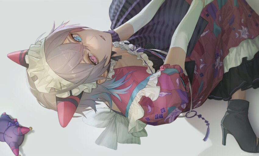 1boy, animal_ears, apron, aqua_hair, black_boots, blue_eyes, boots, crossdressing