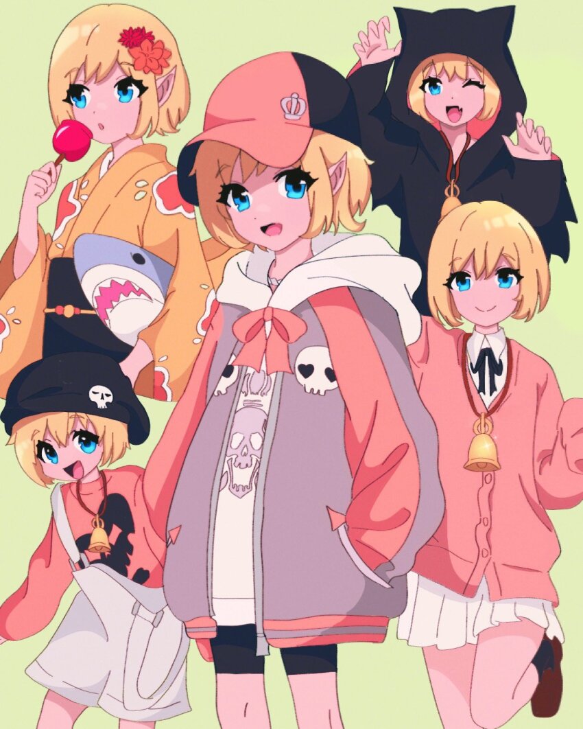 1girl, aged_down, aged_up, alternate_costume, baseball_cap, bell, bito_raimu, blonde_hair