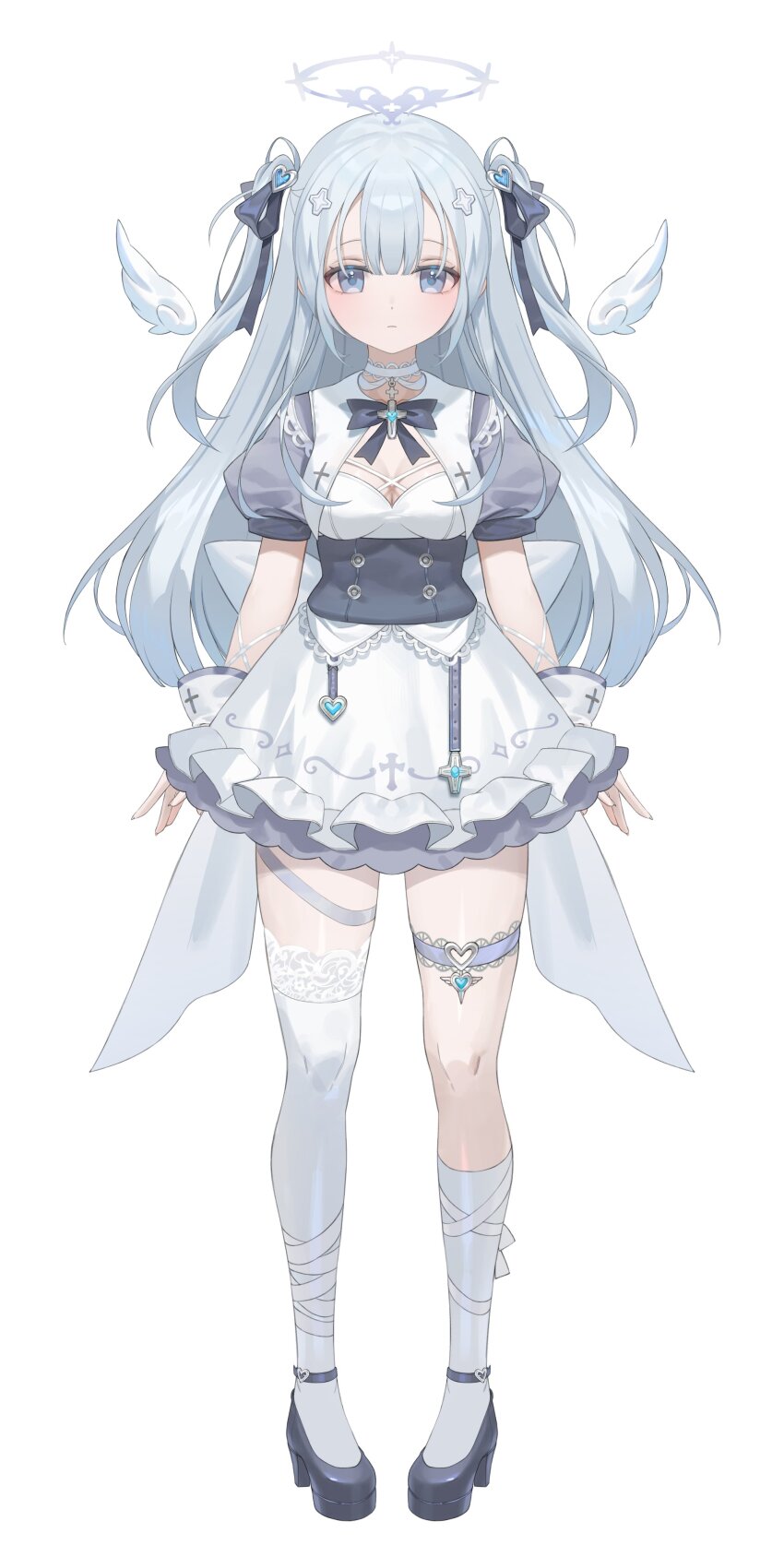 1girl, absurdres, blue_eyes, blue_hair, breasts, cleavage, full_body, hair_between_eyes