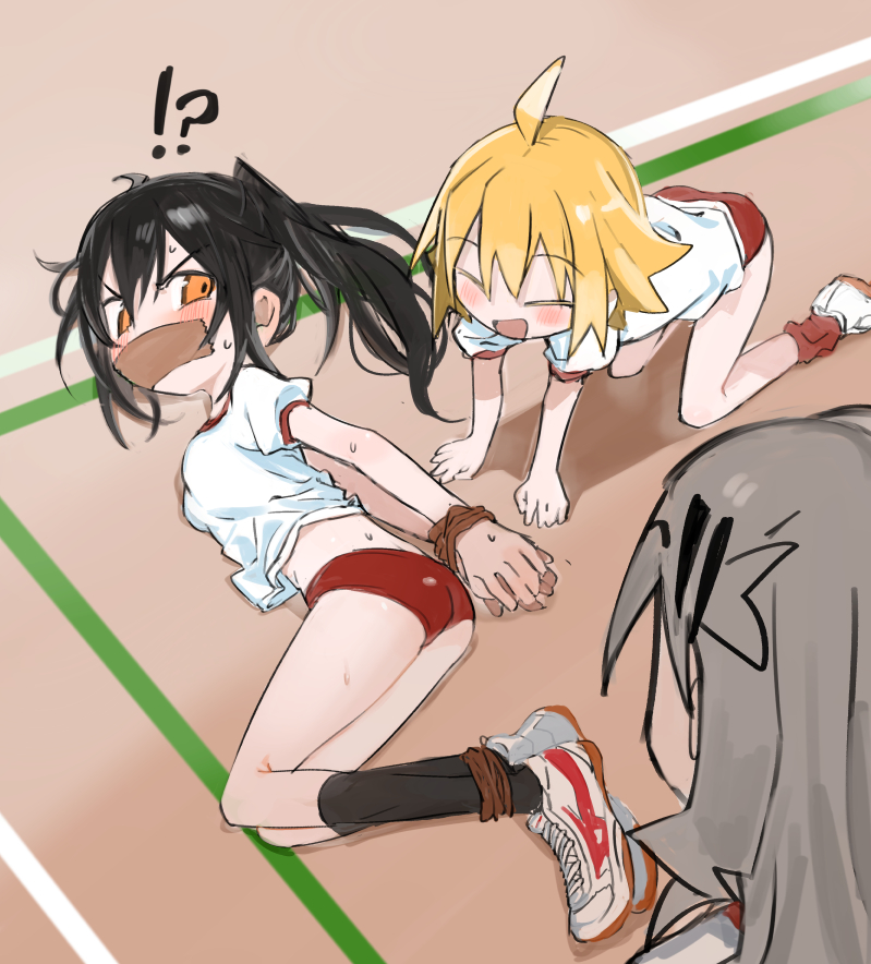 !?, 3girls, agoshi_sakina, ahoge, all_fours, arms_behind_back, black_hair, black_socks, blonde_hair, blush, bound, bound_ankles, bound_wrists, breasts, buruma, closed_eyes, facing_another, fish_hair_ornament, full_body, gag, gagged, grey_hair, gym_uniform, hair_ornament, improvised_gag, kokaki_mumose, long_hair, looking_at_another, loose_socks, lying, medium_breasts, messy_hair, midriff, multiple_girls, no_eyewear, null-meta, on_ground, on_side, open_mouth, outdoors, ponytail, puffy_short_sleeves, puffy_sleeves, red_buruma, red_socks, rope, shadow, shirt, shoes, short_hair, short_sleeves, smile, sneakers, socks, souen_chiaki, sweat, tape, tape_gag, uozumi_kurumi, v-shaped_eyebrows, white_shirt, yellow_eyes