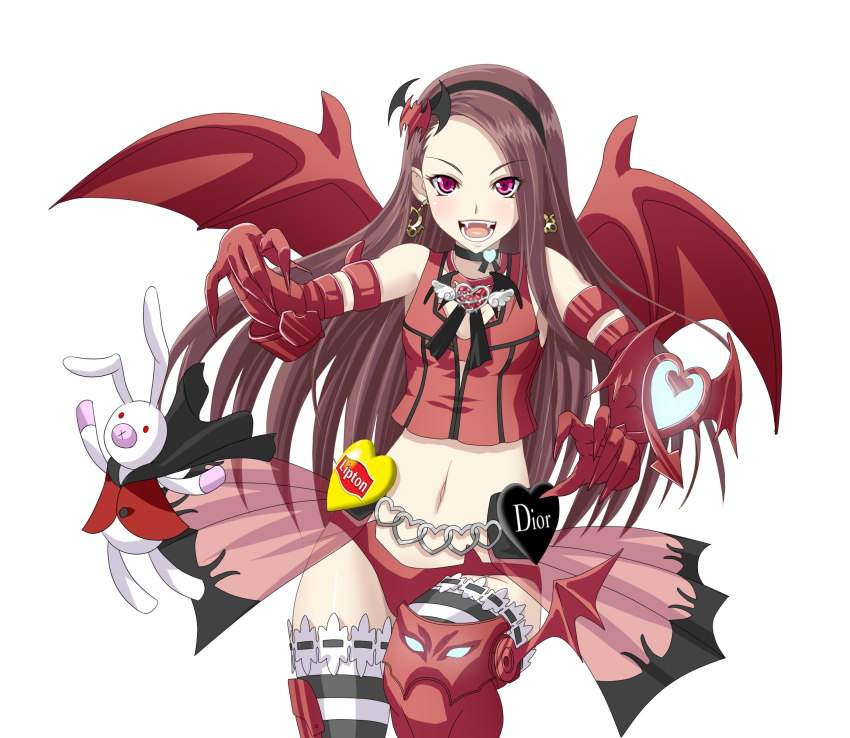 1girl, armband, asymmetrical_legwear, bat_hair_ornament, bat_wings, bra, bra_peek, brown_hair