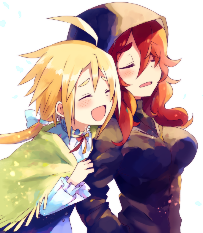 2girls, ahoge, blonde_hair, blue_skirt, blush, cloak, closed_eyes, dei_(hiyo)