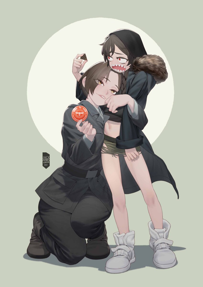 2girls, absurdres, border, brown_hair, chinese_commentary, commentary, commentary_request, english_commentary