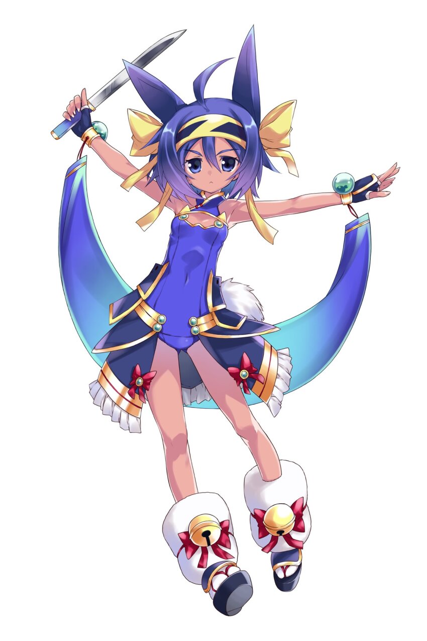 1girl, ahoge, animal_ears, armor, atsu_toushirou_(tenka_hyakken), bare_shoulders, bell, blue_eyes, blue_hair, cat_ears, cleavage_cutout, closed_mouth, clothing_cutout, crystal_ball, fingerless_gloves, frown, full_body, fur_trim, gloves, hairband, highres, holding, holding_sword, holding_weapon, leotard, outstretched_arms, platform_footwear, ribbon, serious, short_hair, short_sword, spread_arms, sword, take_shinobu, tantou, tenka_hyakken, waist_cape, weapon, yellow_ribbon
