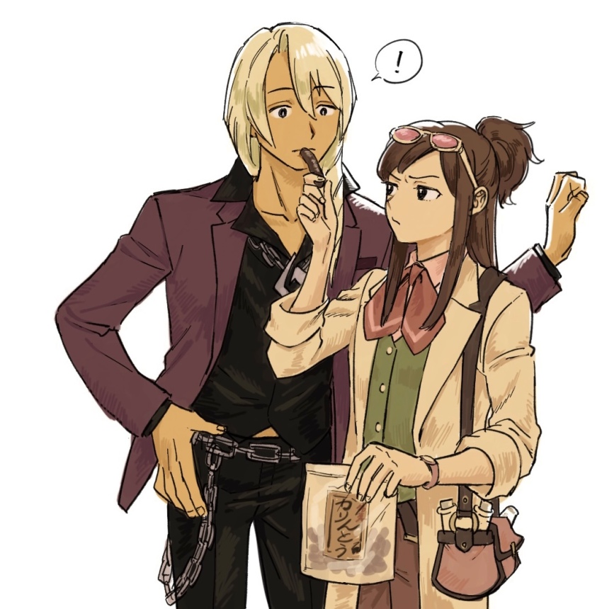 1boy, 1girl, ace_attorney, apollo_justice:_ace_attorney, bag, black_pants, black_shirt, blonde_hair