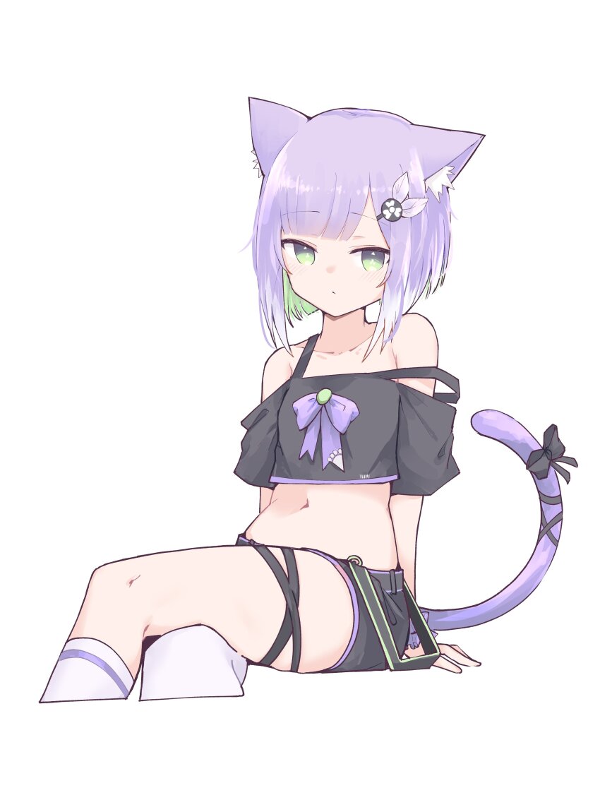 1girl, absurdres, animal_ear_fluff, animal_ears, bare_shoulders, belt, black_shirt, black_shorts