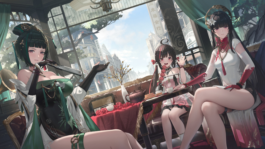 3girls, absurdres, ahoge, architecture, bead_necklace, beads, black_collar, bracelet, breasts, bridal_gauntlets, brown_eyes, building, cc_xiaotintin, china_dress, chinese_clothes, cleavage, cleavage_cutout, clothing_cutout, collar, couch, crossed_legs, cup, dango, detached_sleeves, dress, east_asian_architecture, feet_out_of_frame, flower, folding_fan, food, green_dress, hair_ornament, hair_stick, hand_fan, hanfu, hanying:_zitherwoe_(pgr), hanying_(pgr), hat, highres, jewelry, looking_at_viewer, medium_breasts, multicolored_dress, multiple_girls, nail_polish, necklace, nihongami, pulao:_dragontoll_(dreamweaver)_(pgr), pulao_(pgr), punishing:_gray_raven, qingdai_guanmao, qu:_pavo_(scarlet_spring)_(pgr), qu_(pgr), red_flower, red_rose, rose, sitting, strapless, strapless_dress, table, teapot, thigh_strap, tree, turtleneck, turtleneck_dress, twintails, wagashi, white_dress