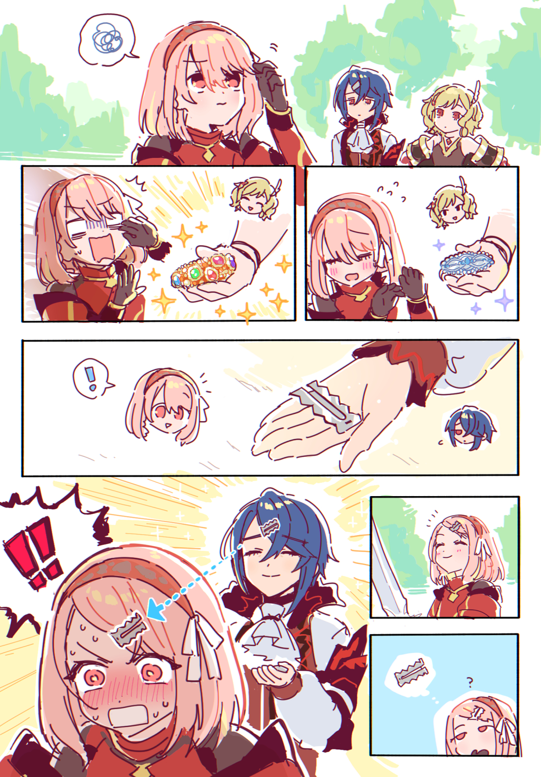 1boy, 2girls, alcryst_(fire_emblem), armor, ascot, black_gloves, blonde_hair, blue_hair