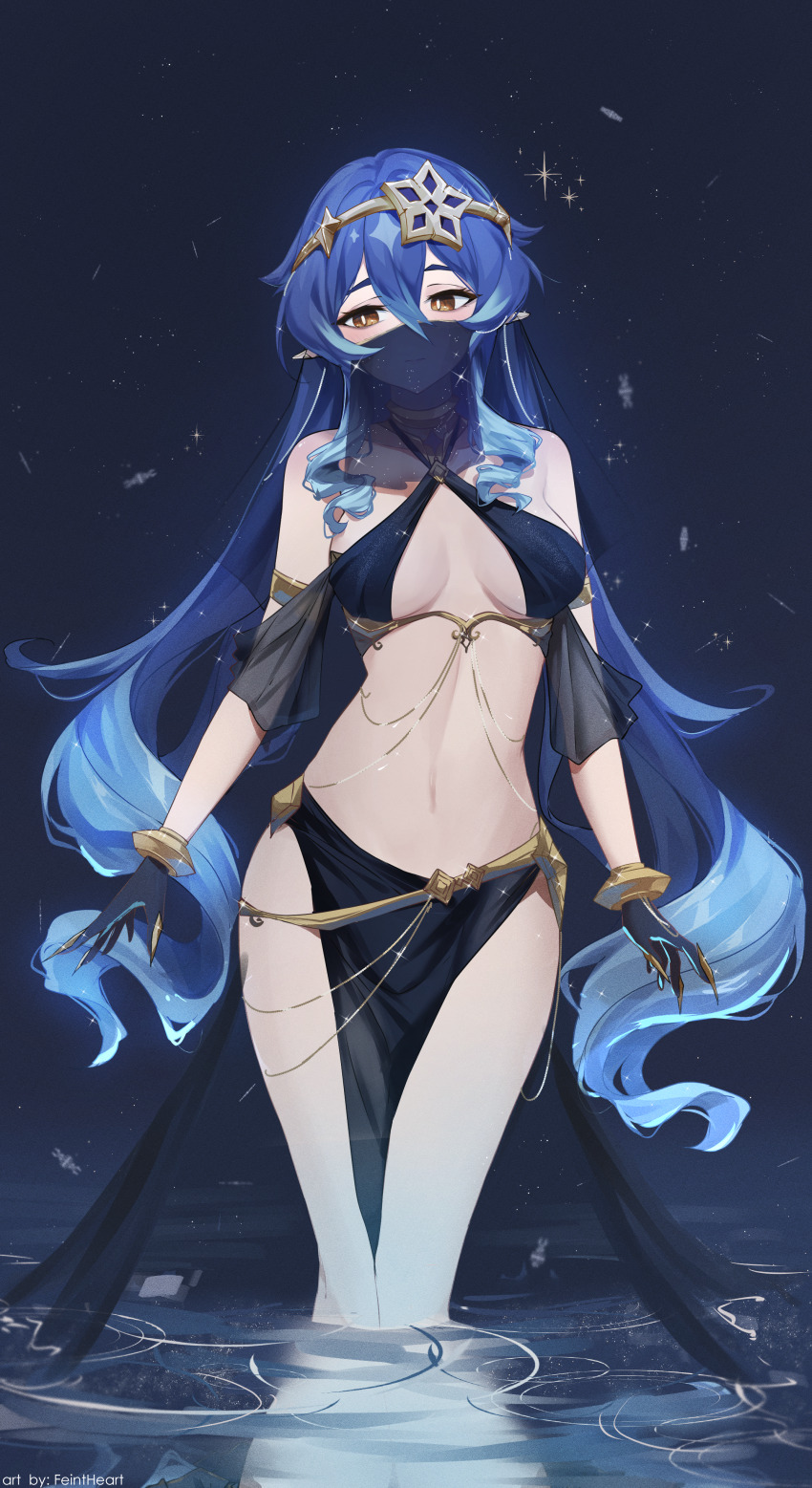1girl, absurdres, alternate_costume, armlet, arms_at_sides, artist_name, bare_shoulders, bikini, bikini_top_only, black_bikini, black_gloves, black_skirt, blue_background, blue_hair, breasts, breasts_apart, bright_pupils, brown_eyes, choker, circlet, claw_ring, closed_mouth, criss-cross_halter, dancer, drill_hair, english_text, feint721, genshin_impact, gloves, halterneck, harem_outfit, headdress, highres, jewelry, layla_(genshin_impact), long_hair, looking_at_viewer, medium_breasts, midriff, mouth_veil, navel, no_hood, no_panties, pelvic_curtain, pointy_ears, reflection, reflective_liquid, revealing_clothes, ringlets, ripples, see-through_clothes, see-through_sleeves, skirt, slit_pupils, solo, sparkle_background, standing, stomach, swimsuit, thighs, twin_drills, twintails, veil, very_long_hair, wading, water, white_pupils