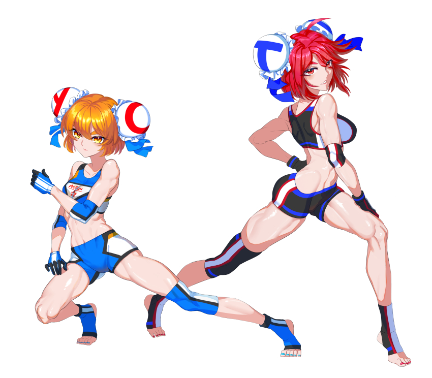 2girls, absurdres, acfun, acfun_girl, ahoge, bandaid, bandaid_on_knee, bandaid_on_leg, bare_shoulders, black_footwear, black_shorts, black_sports_bra, blonde_hair, blue_bow, blue_gloves, blue_nails, bow, bun_cover, closed_mouth, collarbone, copyright_name, double_bun, elbow_pads, full_body, gloves, grey_background, grin, hair_between_eyes, hair_bow, hair_bun, hand_on_own_hip, hand_on_own_thigh, highres, knee_pads, looking_at_viewer, lunge, lyon5, micro_shorts, midriff, multiple_girls, navel, red_eyes, red_hair, red_nails, short_hair, shorts, single_bare_arm, single_bare_leg, single_knee_pad, smile, sports_bra, swept_bangs, td_girl, thick_eyebrows, toeless_footwear, toned, v-shaped_eyebrows, white_background, white_shorts, white_sports_bra, yellow_eyes