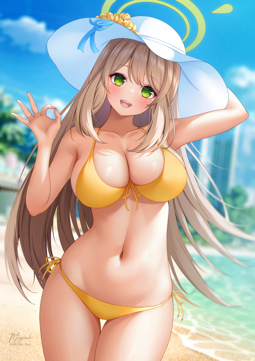 1girl, :d, arm_up, bare_arms, beach, belly, bikini, blue_archive