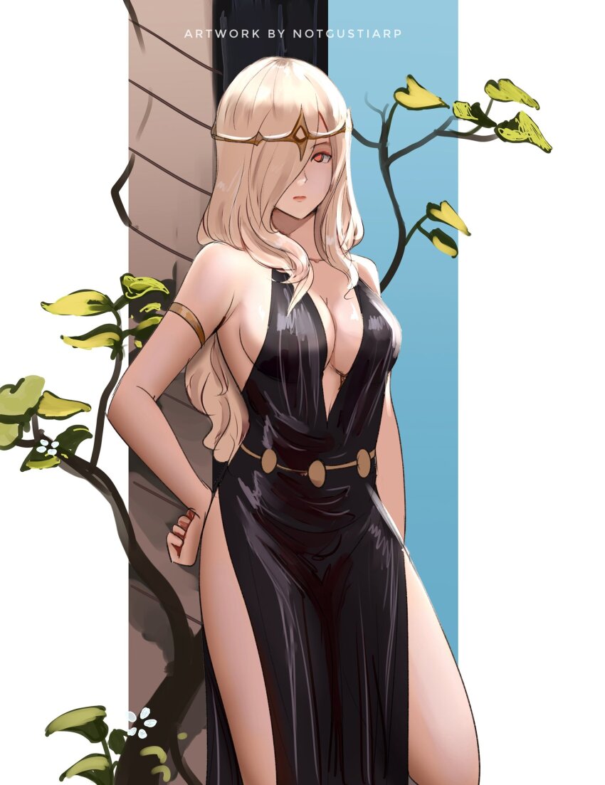 1girl, bare_shoulders, black_dress, blonde_hair, breasts, cleavage, closed_mouth, collarbone, dress, elden_ring, expressionless, feet_out_of_frame, hair_ornament, hair_over_one_eye, hand_on_own_hip, highres, jewelry, large_breasts, long_hair, looking_at_viewer, notgustiarp, queen_marika_the_eternal, red_eyes, sleeveless, sleeveless_dress, solo, standing