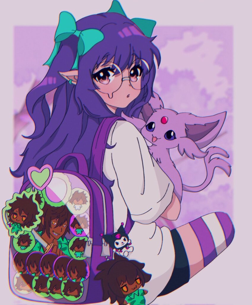1girl, backpack, badge, bag, black_shorts, ear_piercing, espeon, female_focus