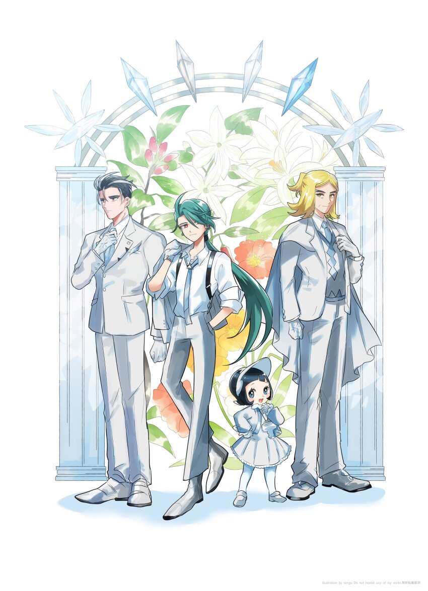 2boys, 2girls, :d, absurdres, adjusting_clothes, adjusting_necktie, airagency1005, alternate_color