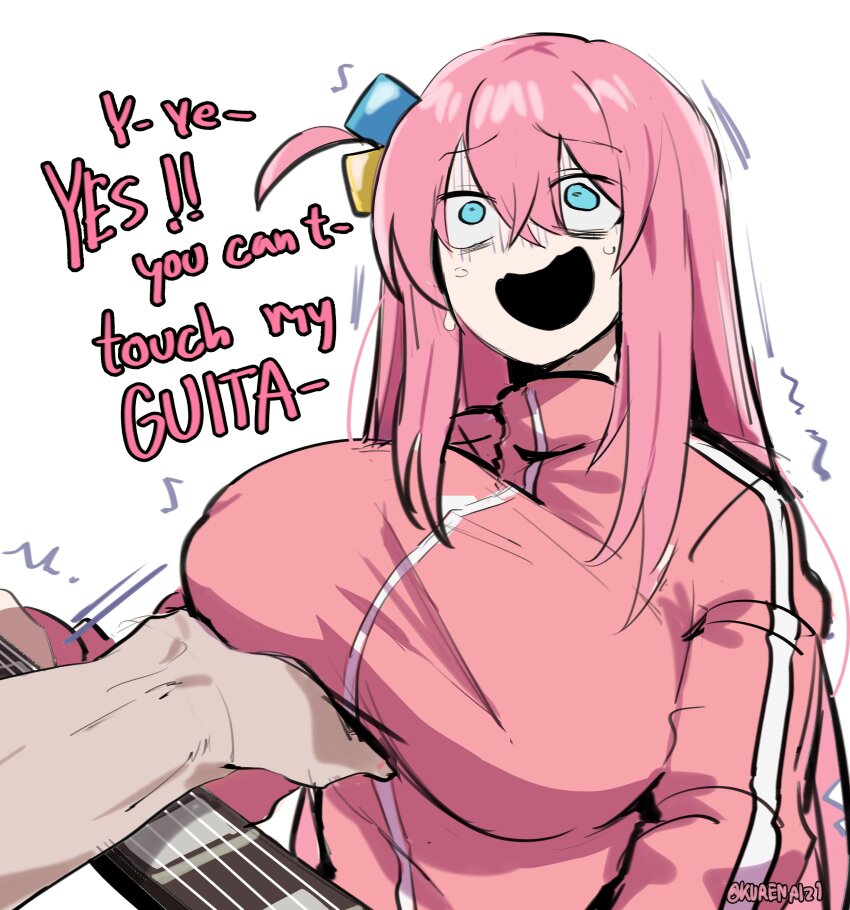 1girl, absurdres, blue_eyes, bocchi_the_rock!, breasts, cube_hair_ornament, disembodied_hand, english_text