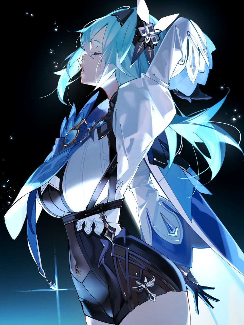 1girl, black_background, black_gloves, black_hairband, black_leotard, blue_background, blue_hair, blue_necktie