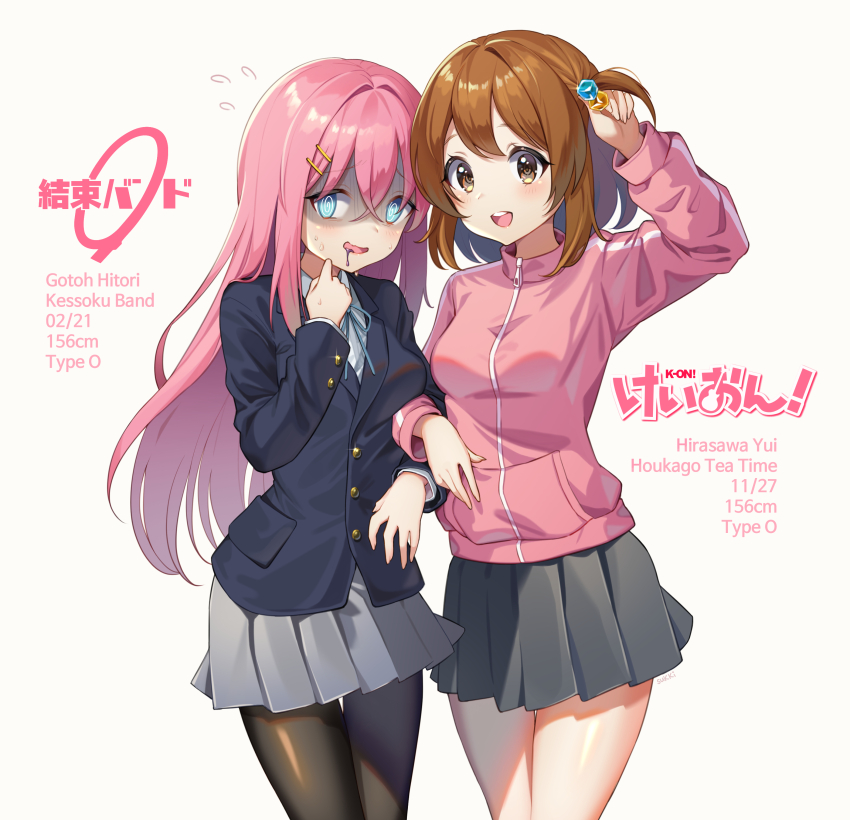 2girls, @_@, absurdres, alternate_costume, black_pantyhose, blazer, blue_eyes, blue_jacket, blue_ribbon, bocchi_the_rock!, brown_eyes, brown_hair, commentary_request, cosplay, costume_switch, crossover, cube_hair_ornament, cute_took, drooling, gotoh_hitori_(cosplay), gotoh_hitori, grey_skirt, hair_ornament, hairclip, highres, hirasawa_yui, hirasawa_yui_(cosplay), jacket, k-on!, korean_commentary, locked_arms, long_hair, multiple_girls, neck_ribbon, pantyhose, pink_hair, pink_jacket, ribbon, sakuragaoka_high_school_uniform, school_uniform, short_hair, shuka_high_school_uniform, skirt, smile, teeth, trait_connection, turn_pale, upper_teeth_only