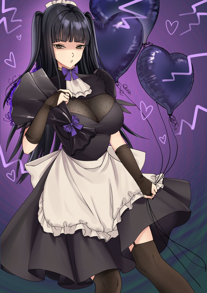 1girl, absurdres, alternate_costume, apron, ascot, balloon, black_dress, black_eyes