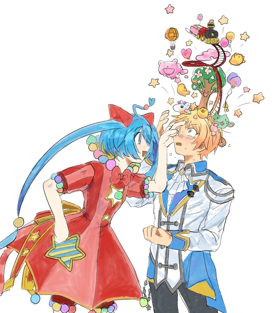 1boy, 1girl, ahoge, aiguillette, ascot, blonde_hair, blue_eyes, blue_hair