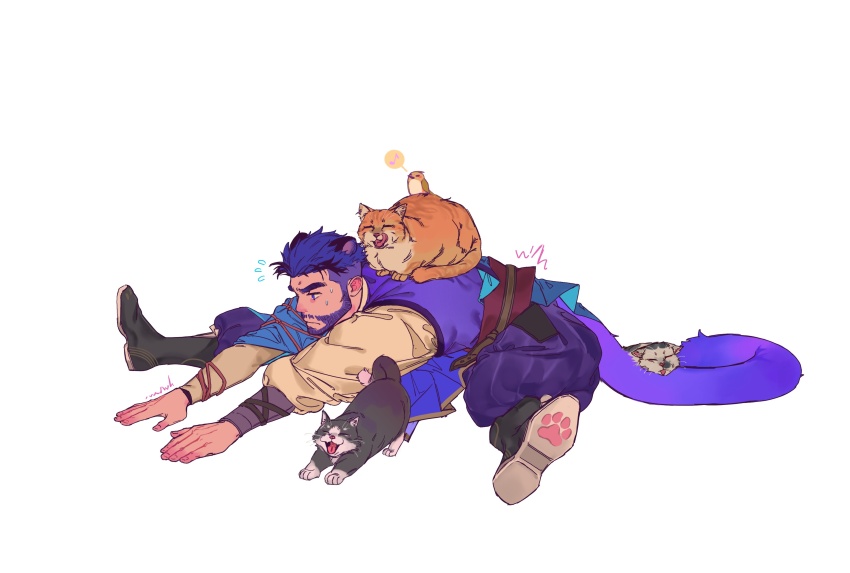 1boy, absurdres, alternate_costume, animal, animal_ears, animal_on_back, back_pain, bara, beard, black_hair, cat_boy, cat_ears, cat_tail, facial_hair, flying_sweatdrops, full_body, highres, kuro_(kuroshima_kurishiro), kuroshima_kurishiro_(muyi24108414), male_focus, multiple_cats, original, paw_print, shoes, short_hair, solo, spread_legs, stretching, sweatdrop, tail, thick_eyebrows, undercut, white_background, wide_spread_legs, yawning