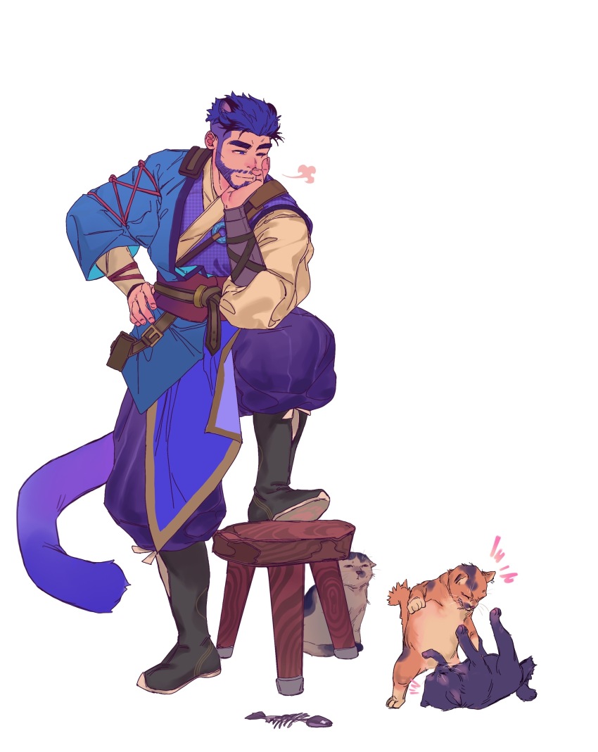 1boy, absurdres, animal_ears, bara, beard, black_hair, cat_boy, cat_ears