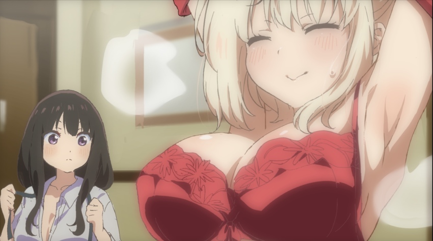 2girls, alternate_costume, bad_id, bad_twitter_id, black_hair, blonde_hair, blush, breasts