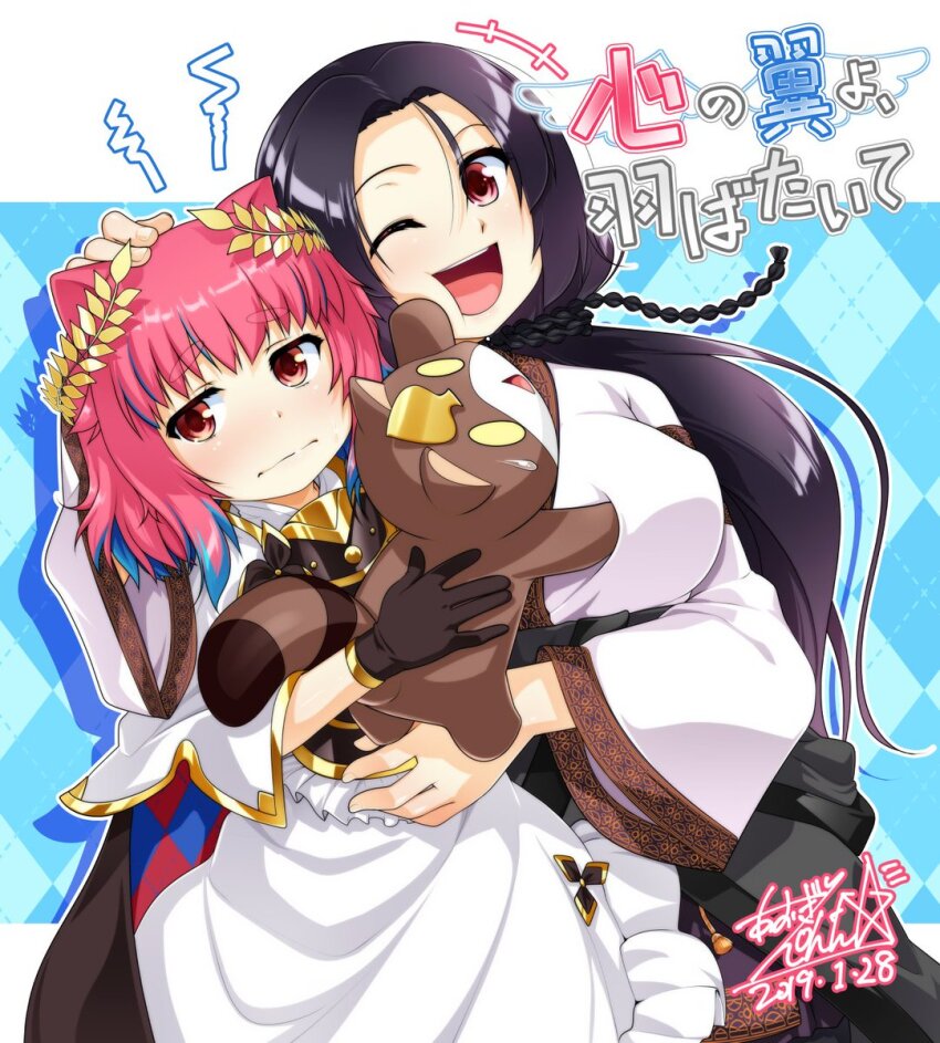 2girls, aogiri_penta, black_hair, brown_gloves, cape, capelet, chest_guard, closed_mouth