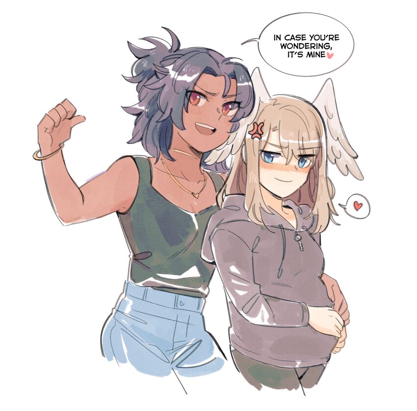 2girls, :d, ange_(angeban93), anger_vein, ashera_(xenoblade), black_hair, blonde_hair, blue_eyes, blush, bracelet, breasts, cropped_legs, english_text, eunie_(xenoblade), head_wings, heart, highres, hood, hoodie, ips_cells, jewelry, medium_breasts, medium_hair, multiple_girls, necklace, nose_blush, open_mouth, ponytail, pregnant, red_eyes, smile, spoken_heart, tank_top, wings, xenoblade_chronicles_(series), xenoblade_chronicles_3, yuri