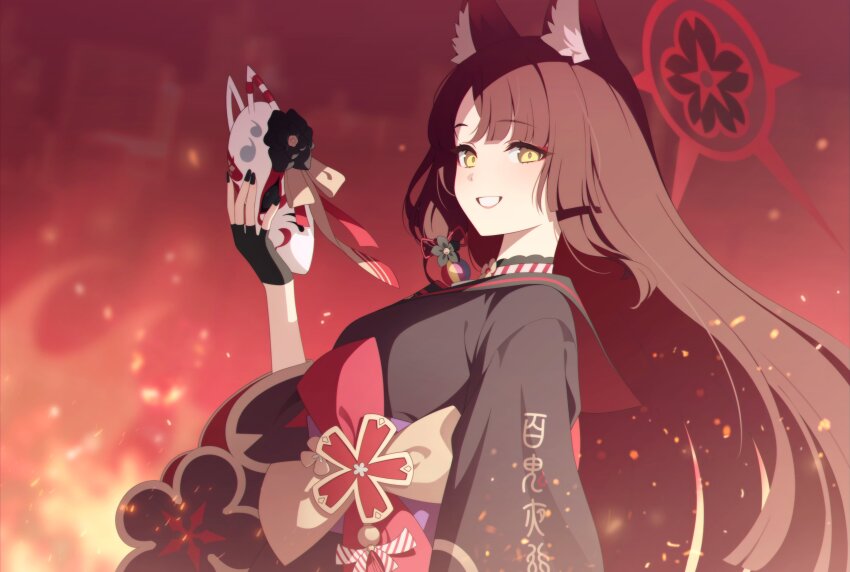 1girl, 7peach, absurdres, animal_ear_fluff, animal_ears, black_gloves, black_hair, black_nails