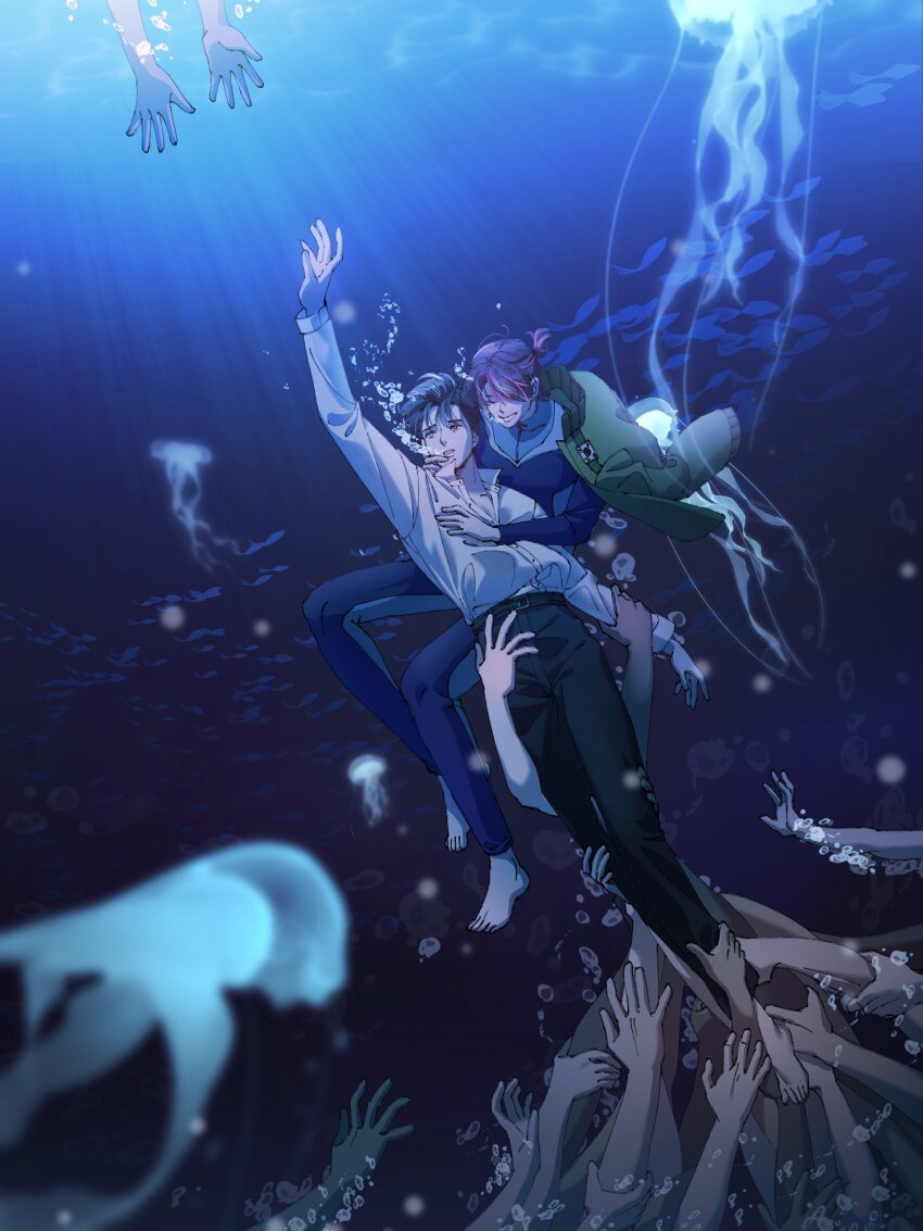 2boys, air_bubble, ankle_grab, arm_grab, arm_up, barefoot, black_hair, black_pants, blue_bodysuit, bodysuit, bubble, closed_eyes, collared_shirt, commentary_request, diving_suit, eoduun_badaui_deungbul-i_doeeo, fish, green_jacket, highres, jacket, jellyfish, kang_jaehee, kkoya_cm, korean_commentary, leg_grab, long_sleeves, male_focus, multiple_boys, open_clothes, open_jacket, out_of_frame, pants, park_moo-hyun, ponytail, reaching, school_of_fish, shirt, short_hair, short_ponytail, smile, submerged, underwater, wetsuit, white_shirt