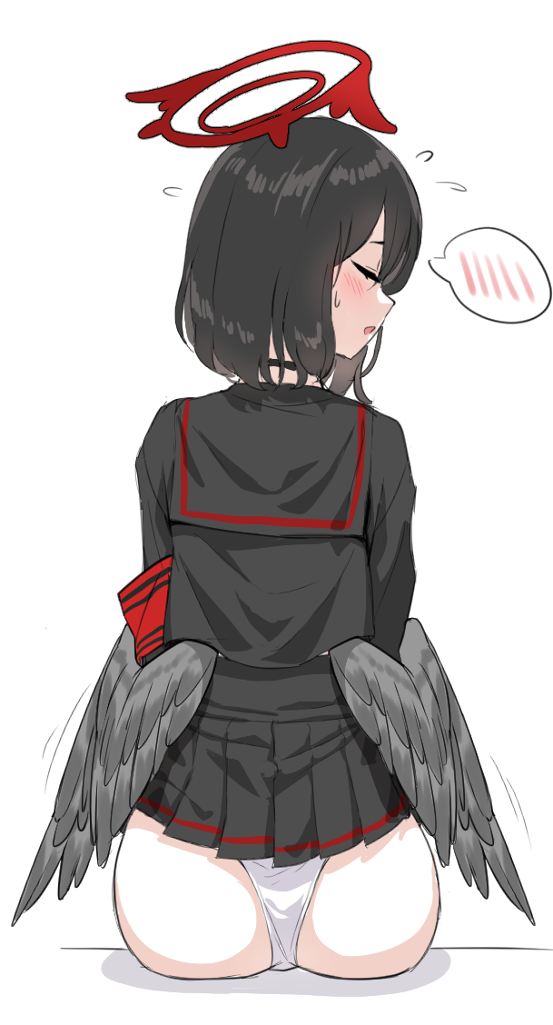 1girl, armband, ass, black_hair, black_sailor_collar, black_serafuku, black_skirt, blue_archive