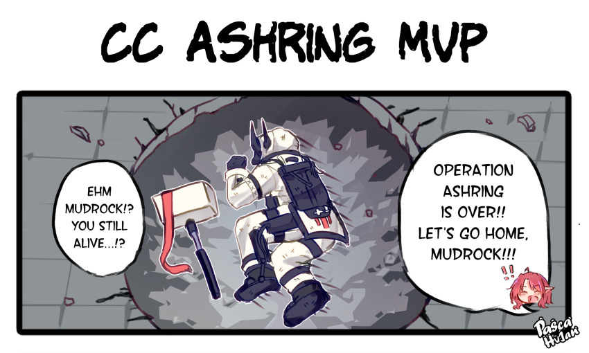 2girls, :d, arknights, black_gloves, chibi, chibi_inset, closed_eyes, crater