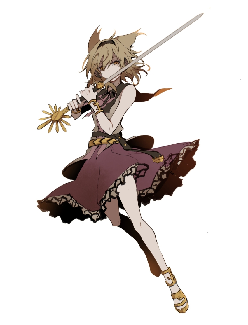 1girl, anklet, black_hairband, blonde_hair, bracelet, brown_eyes, commentary_request, covered_mouth, earmuffs, full_body, grey_shirt, hairband, highres, holding, holding_sword, holding_weapon, jewelry, looking_at_viewer, medium_hair, pointy_hair, purple_skirt, sandals, shirt, simple_background, skirt, sleeveless, sleeveless_shirt, solo, sword, touhou, toyosatomimi_no_miko, weapon, white_background, yuezhuanlang