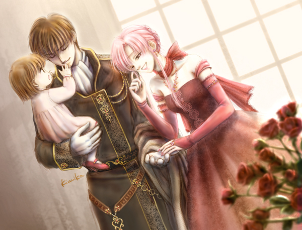 1boy, 2girls, age_difference, altena_(fire_emblem), blush, bridal_gauntlets, brown_hair, couple, dress, elbow_gloves, ethlyn_(fire_emblem), family, family_bonding, father_and_child, father_and_daughter, fire_emblem, fire_emblem:_genealogy_of_the_holy_war, flower, gloves, hetero, kimikahamu, mother_and_child, mother_and_daughter, multiple_girls, nintendo, parent_and_child, pink_eyes, pink_hair, quan_(fire_emblem), rose, smile