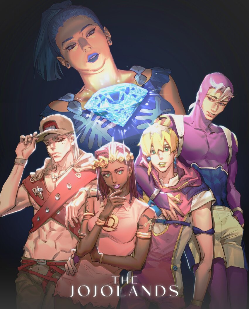 1girl, 4boys, abs, arm_tattoo, armlet, bangle, baseball_cap, belt, blonde_hair, blue_hair, blue_lips, bodysuit, bracelet, bridal_gauntlets, brown_eyes, character_request, collared_dress, copyright_name, dark-skinned_male, dark_skin, diamond_(gemstone), double_chin, dragona_joestar, dress, earrings, facial_mark, flower_wreath, frown, glowing, green_eyes, green_lips, hair_ornament, hair_pulled_back, hand_in_pocket, hand_on_another's_shoulder, hand_on_headwear, hand_on_own_chin, hat, head_wreath, highres, hood, hood_up, jewelry, jodio_joestar, jojo_no_kimyou_na_bouken, jumpsuit, lipstick, long_hair, makeup, meryl_may_qi, multiple_belts, multiple_boys, muscular, muscular_male, nipples, paco_laburantes, parted_lips, pink_lips, ponytail, red_hair, short_dress, short_sleeves, shorts, skin_tight, sleeveless, sleeveless_dress, smile, star_(symbol), star_hair_ornament, tattoo, the_jojolands, torheb, trap, usagi_aloha'oe, white_hair