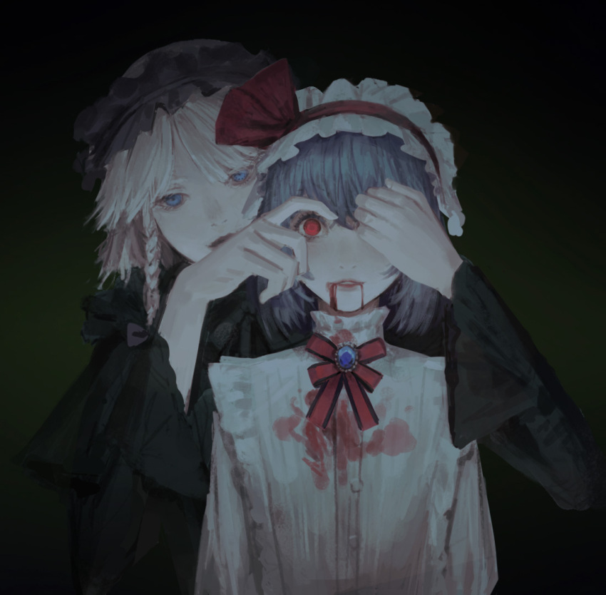 2girls, alternate_color, black_background, black_dress, black_headdress, blood, blood_from_mouth, blood_on_clothes, blue_eyes, blue_hair, braid, brooch, covering_one_eye, dress, googerm, guro, hairband, hand_over_another's_eye, izayoi_sakuya, jewelry, lolita_hairband, long_hair, long_sleeves, looking_at_viewer, multiple_girls, neck_ribbon, parted_lips, red_eyes, red_ribbon, remilia_scarlet, ribbon, shirt, short_hair, simple_background, smile, touhou, white_hair, white_shirt